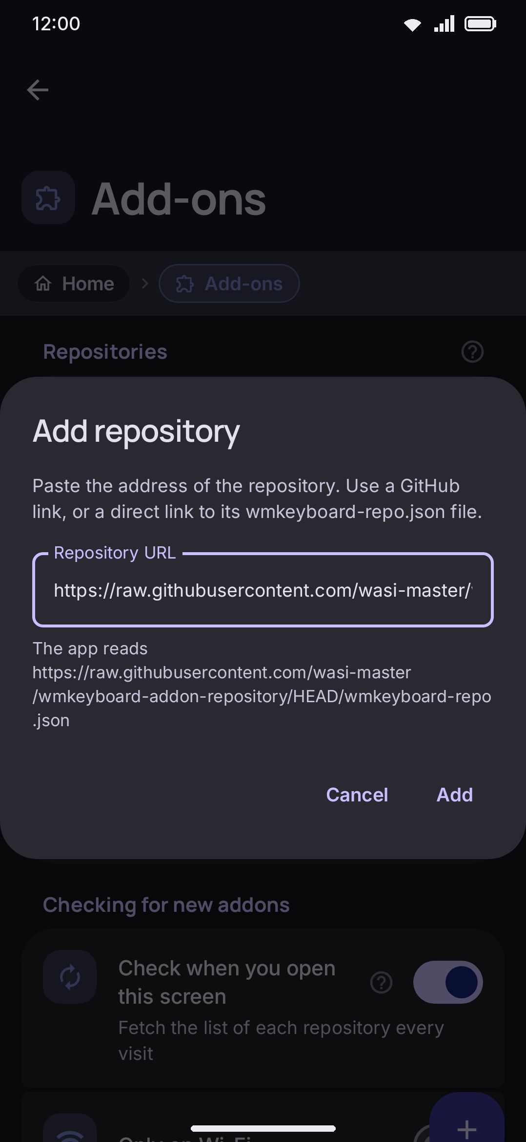 Following a wmkeyboard://repo?url=… link pre-fills the add-repository dialog, but nothing is fetched until you tap Add.