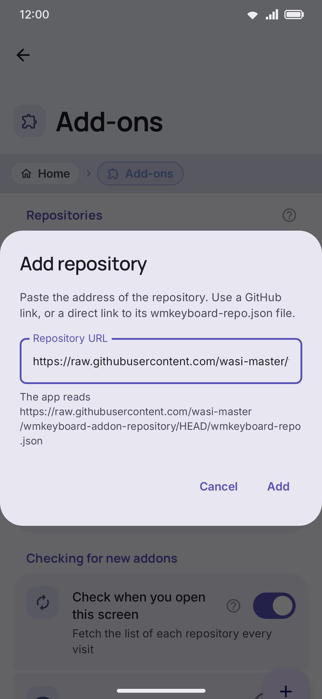 Following a wmkeyboard://repo?url=… link pre-fills the add-repository dialog, but nothing is fetched until you tap Add.