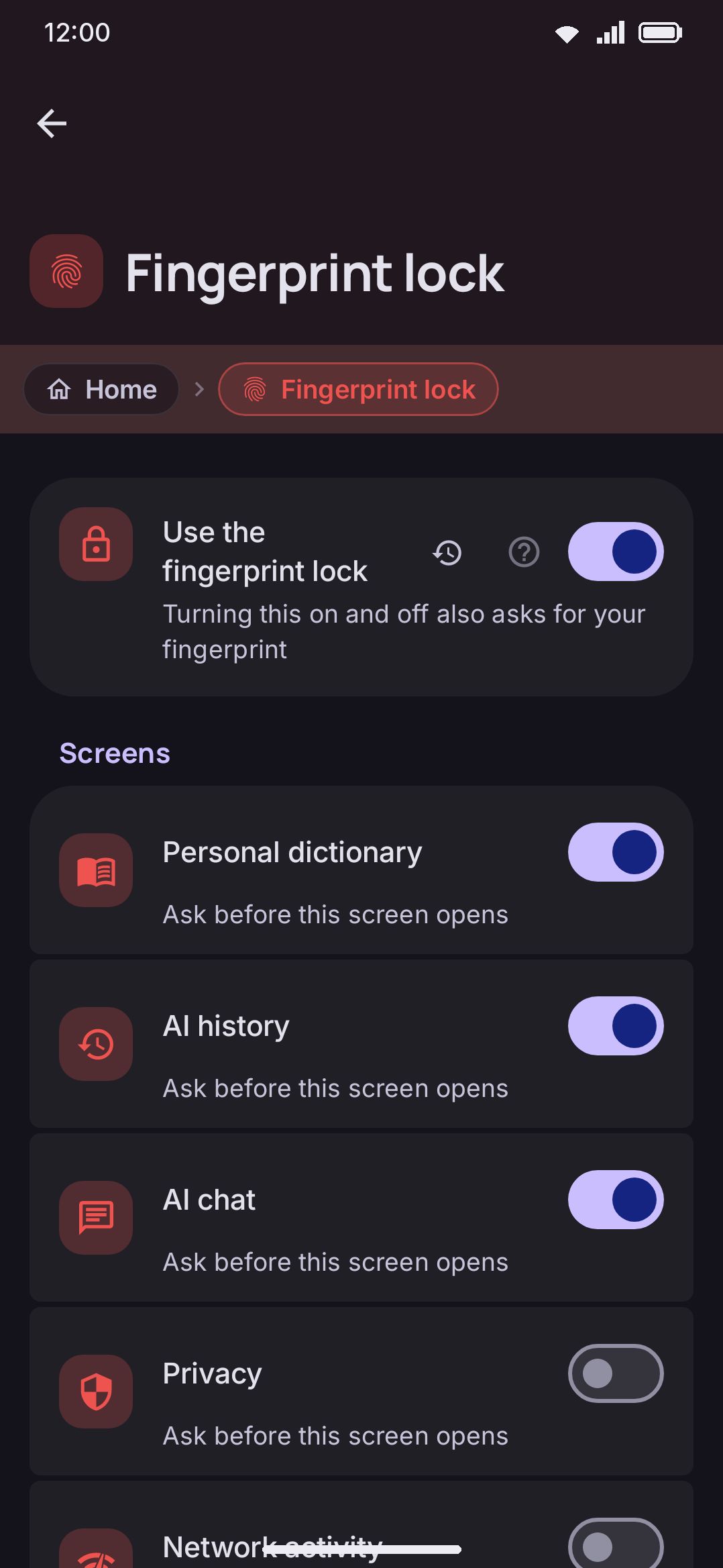 The App lock screen: the master switch, then the screens, the delete buttons and the behaviour groups.