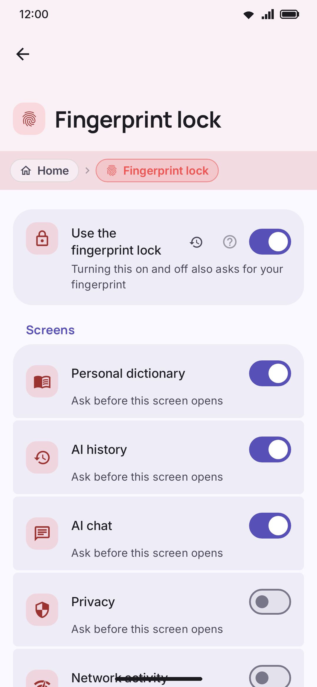 The App lock screen: the master switch, then the screens, the delete buttons and the behaviour groups.