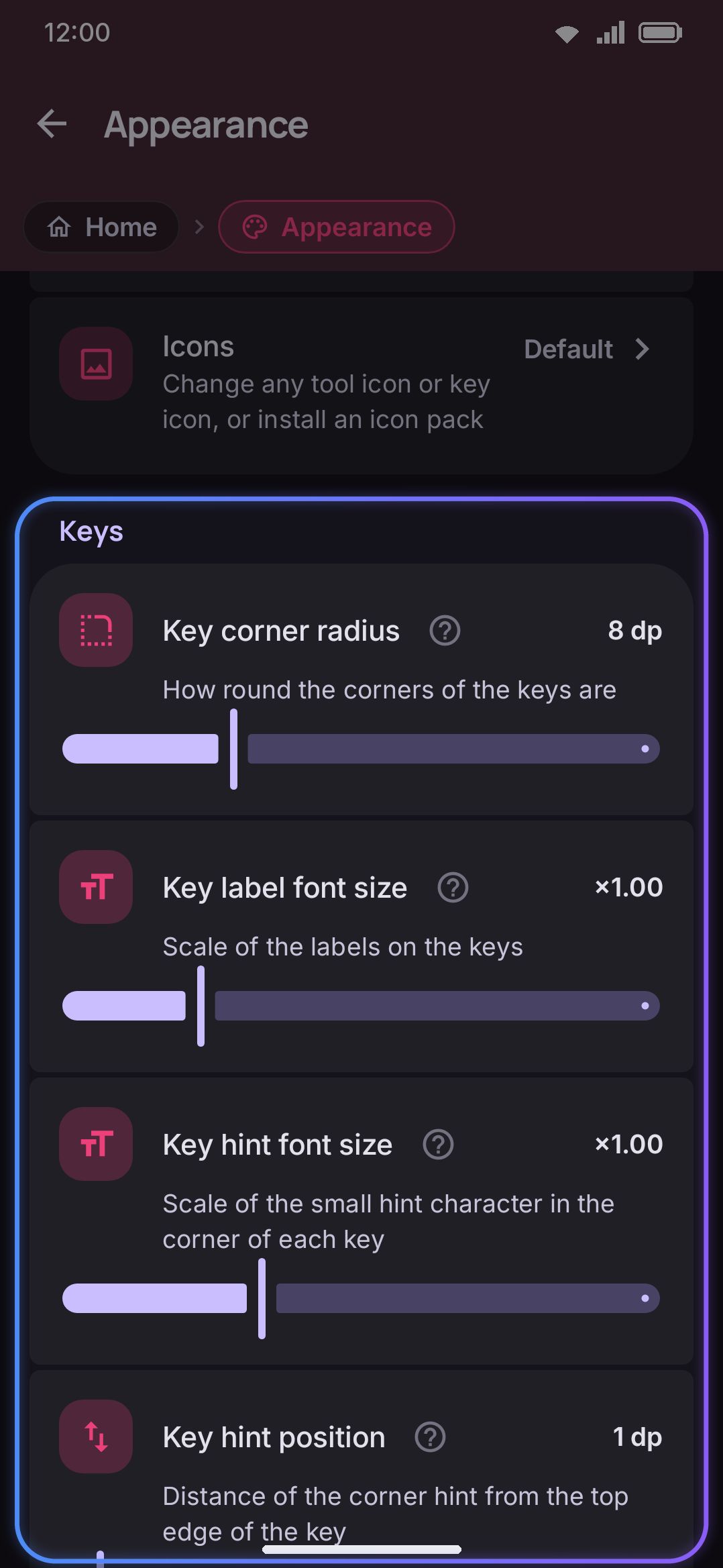 The Keys sliders: corner radius, label size, and hint size.