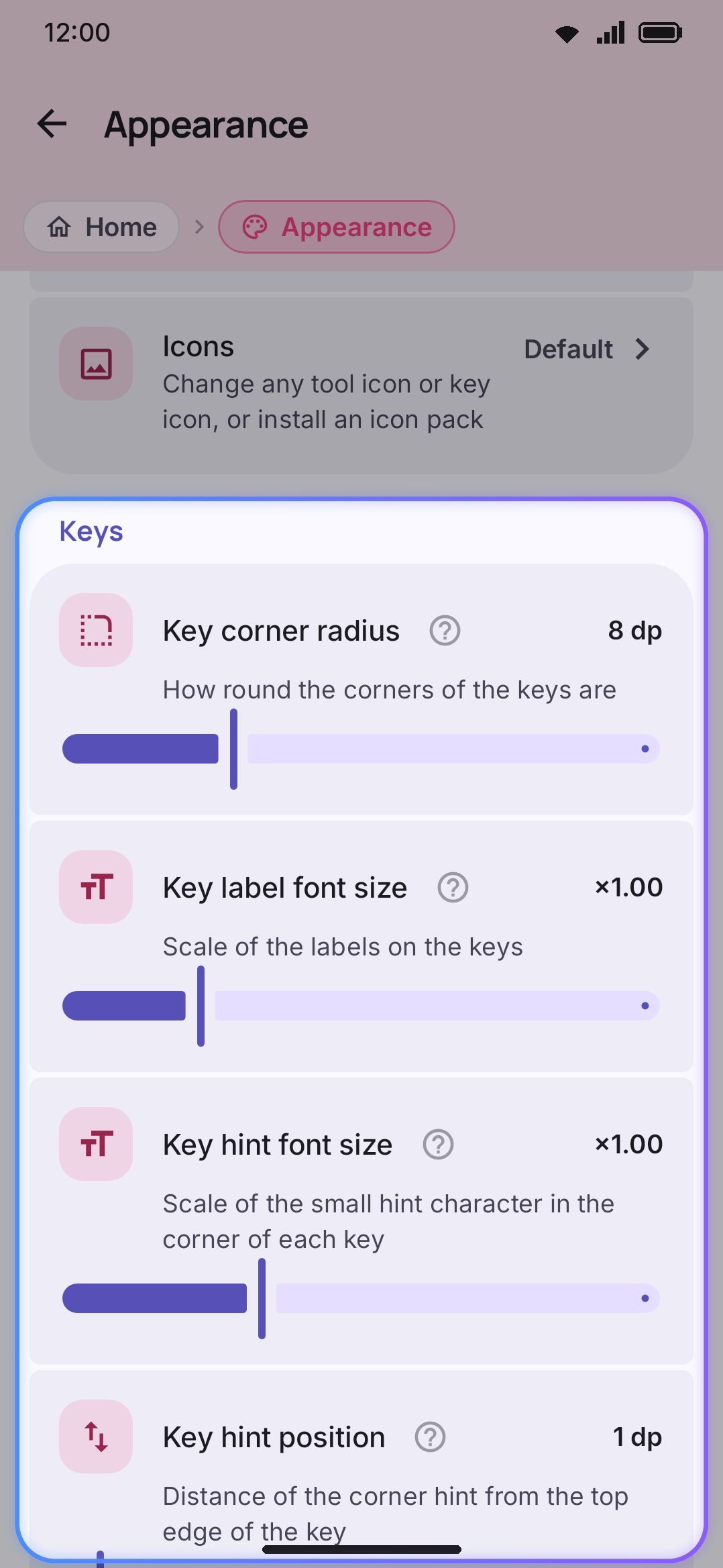 The Keys sliders: corner radius, label size, and hint size.