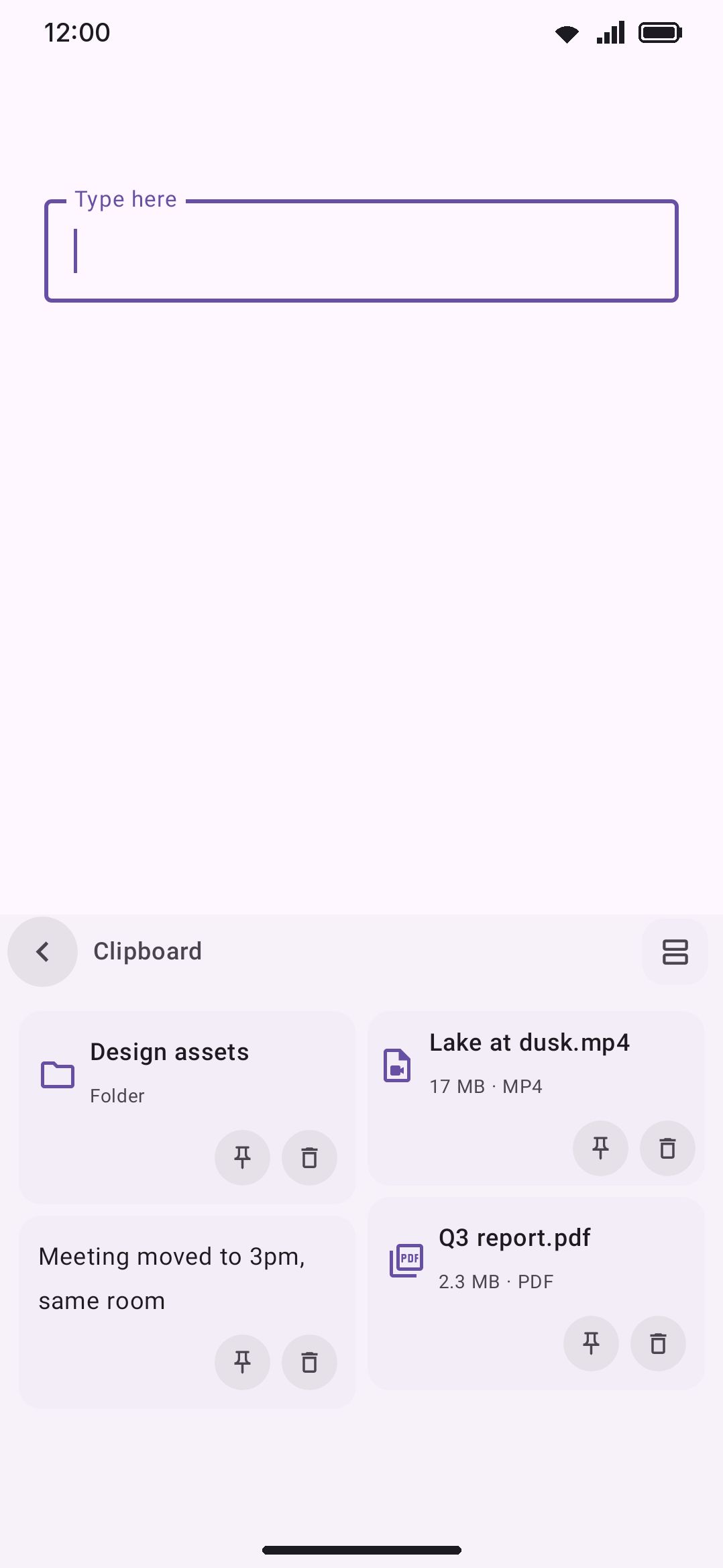 A file, video, and folder clip side by side. Each keeps only a reference to the source, not the bytes.