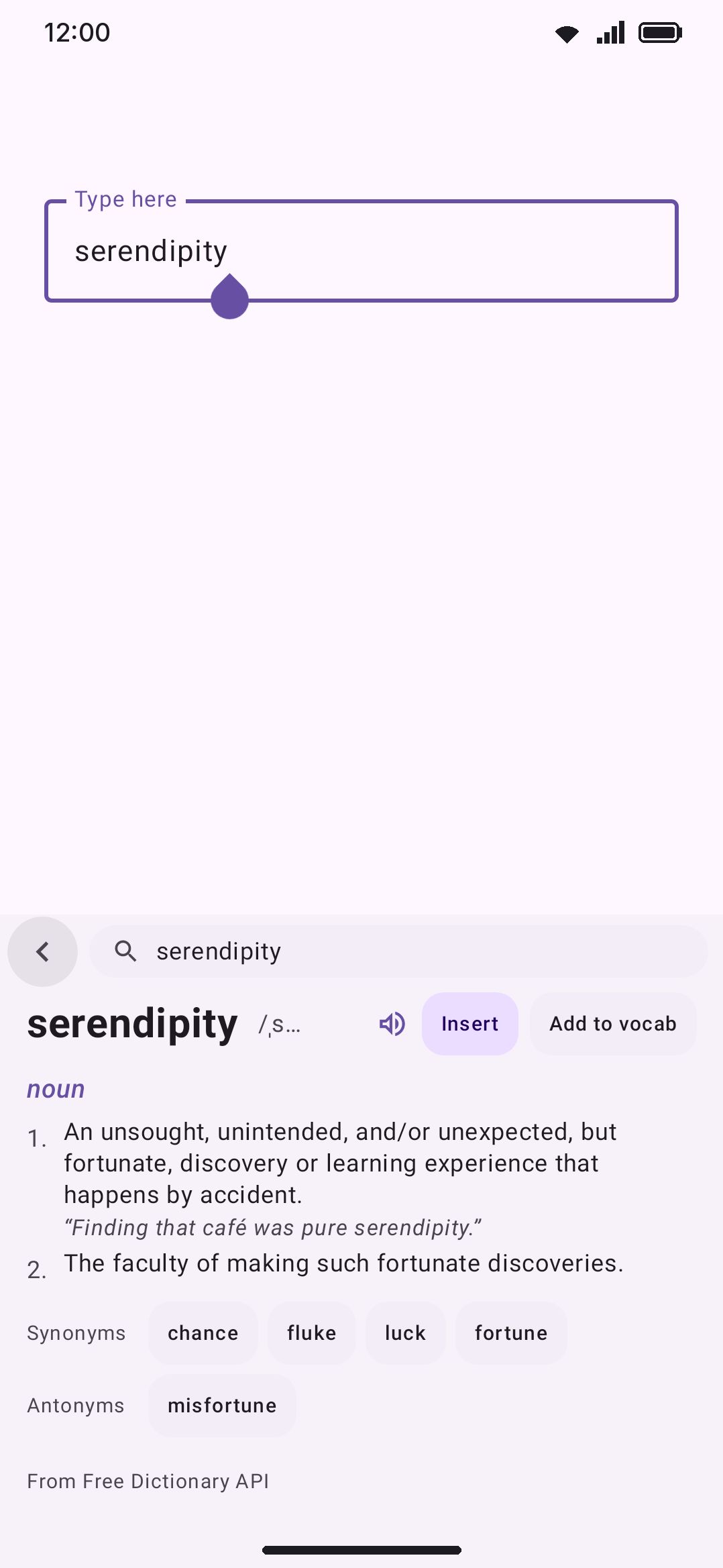 A dictionary entry: serif headword, pronunciation audio, numbered definitions and synonym chips.