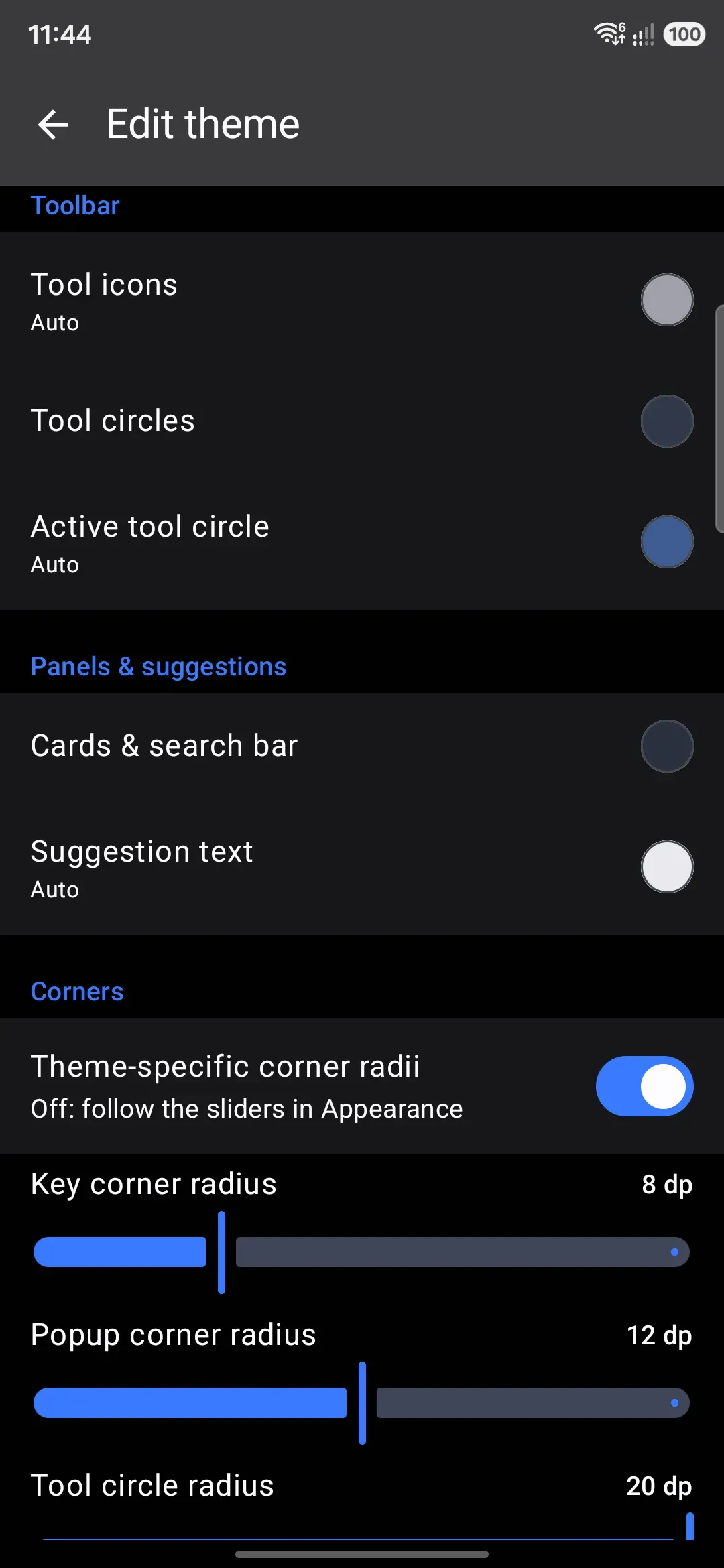 Corner radii for this theme, with the Key, Popup, and Tool circle sliders.