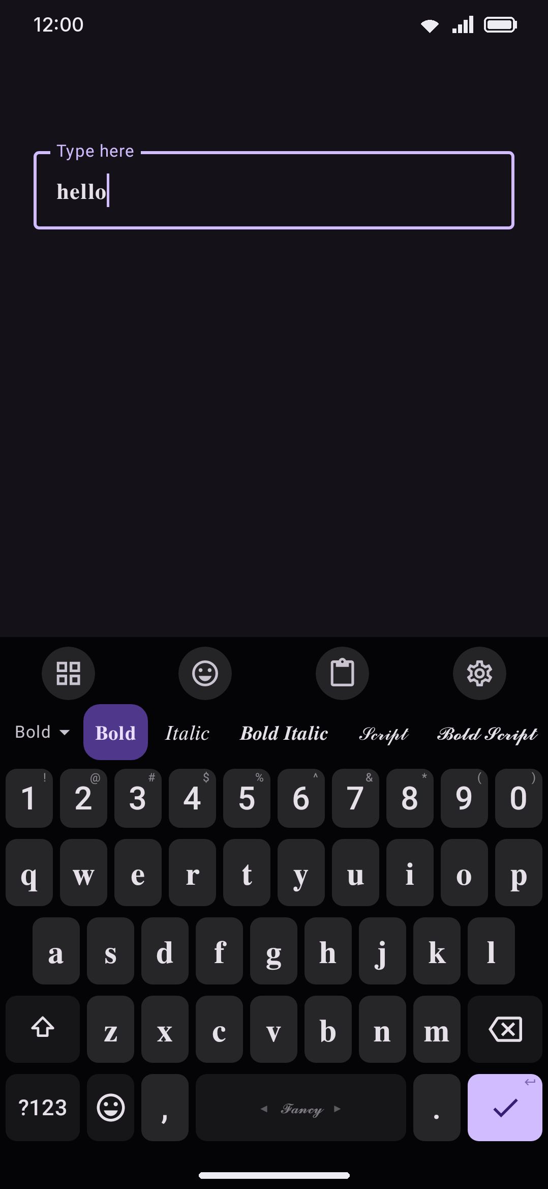 The Bold style active in a text field: typing hello commits 𝐡𝐞𝐥𝐥𝐨 directly.