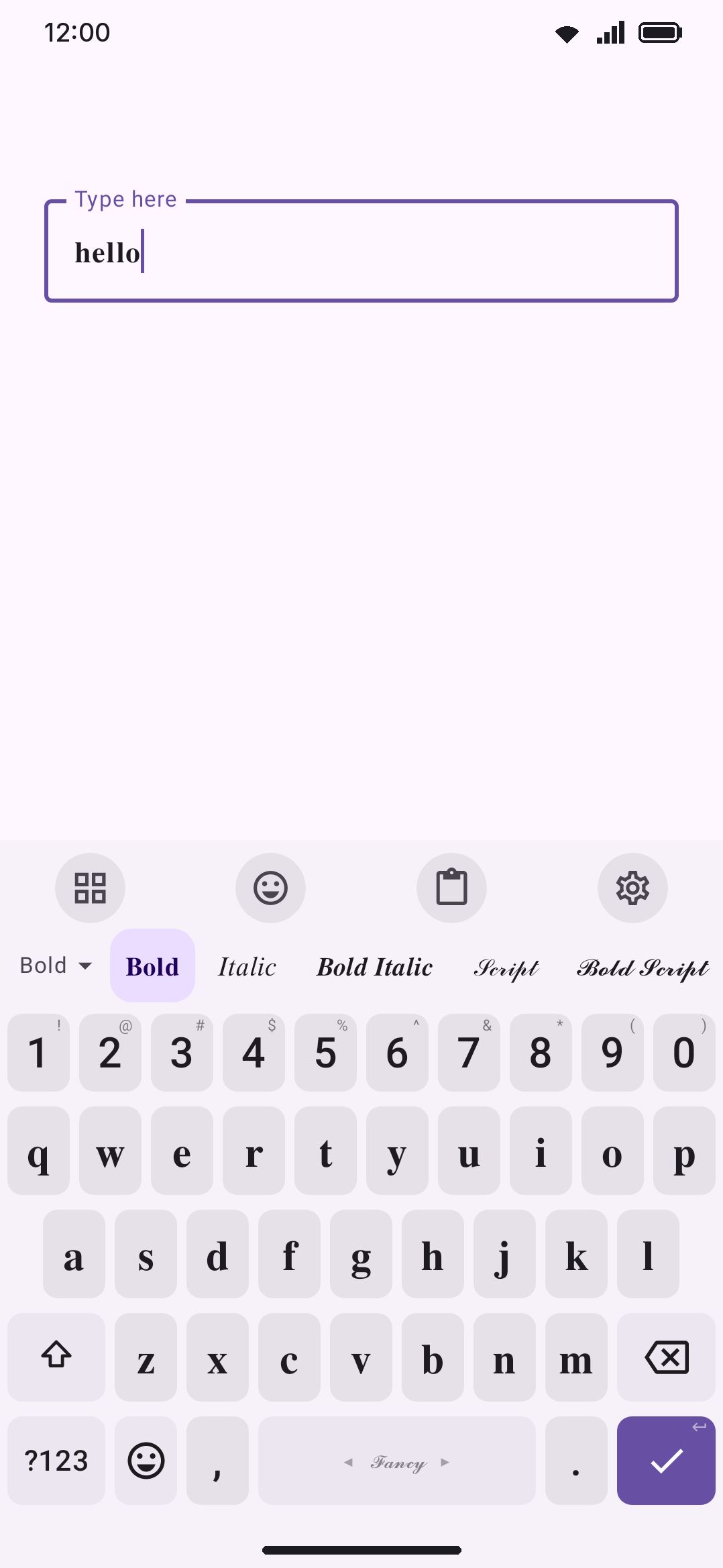 The Bold style active in a text field: typing hello commits 𝐡𝐞𝐥𝐥𝐨 directly.
