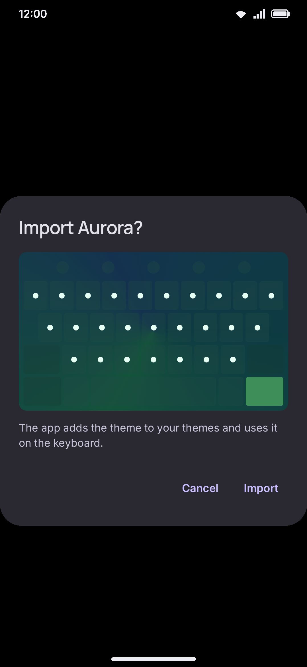 Opening a WM Keyboard file from a file manager: one confirm dialog, then the import.