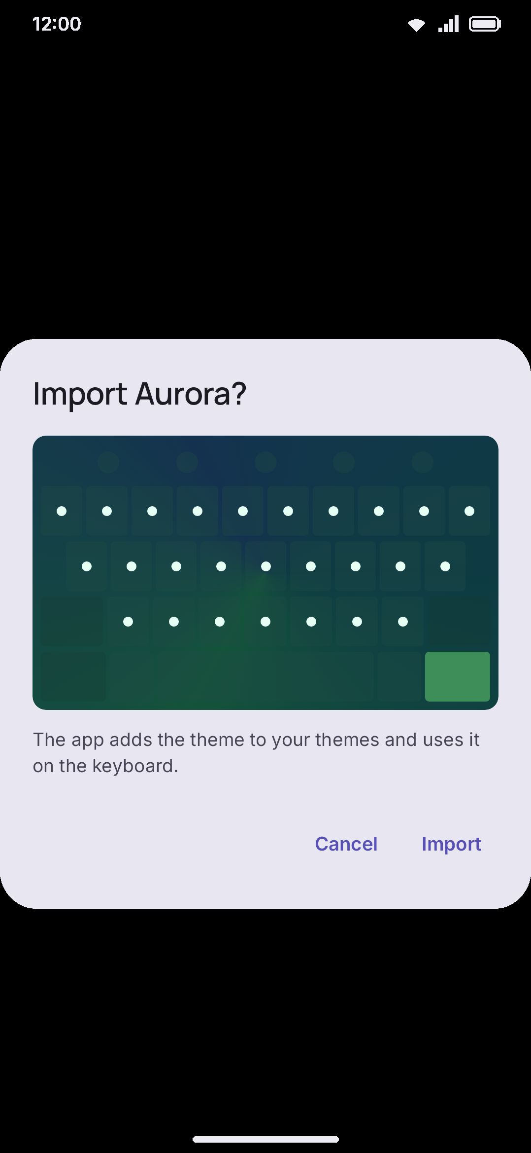 Opening a WM Keyboard file from a file manager: one confirm dialog, then the import.