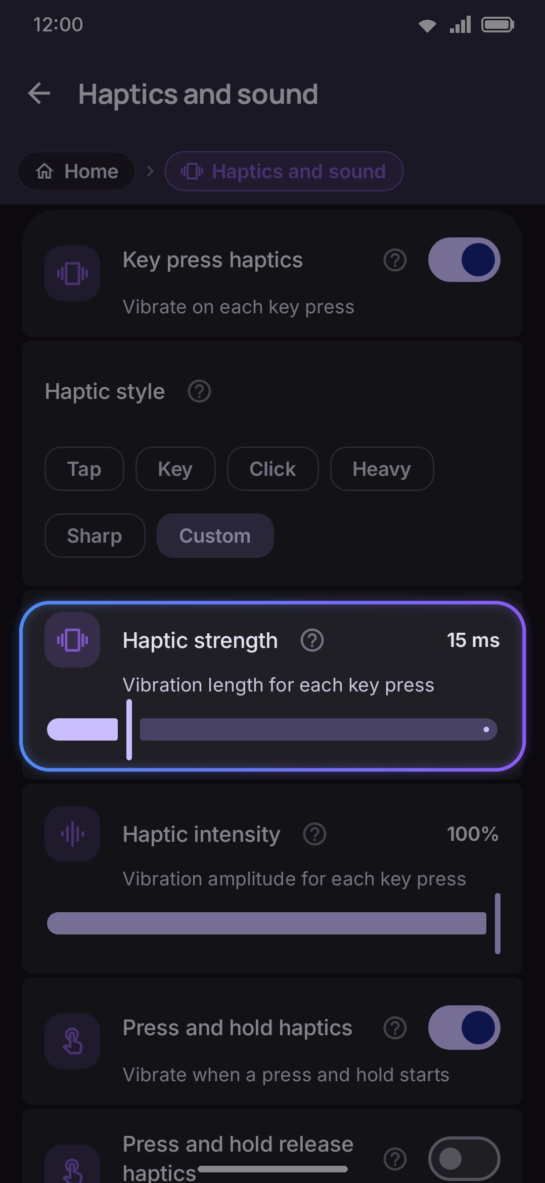 Haptic style set to Custom, showing the strength and intensity sliders.