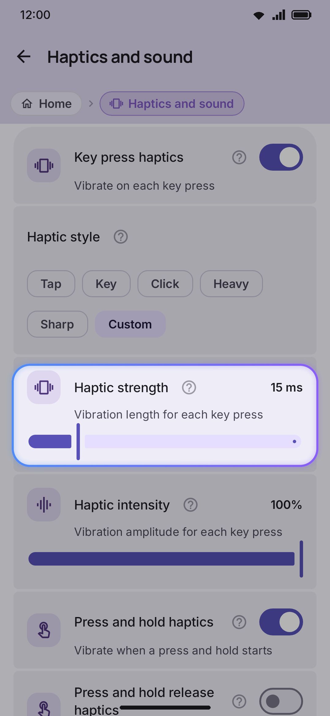 Haptic style set to Custom, showing the strength and intensity sliders.