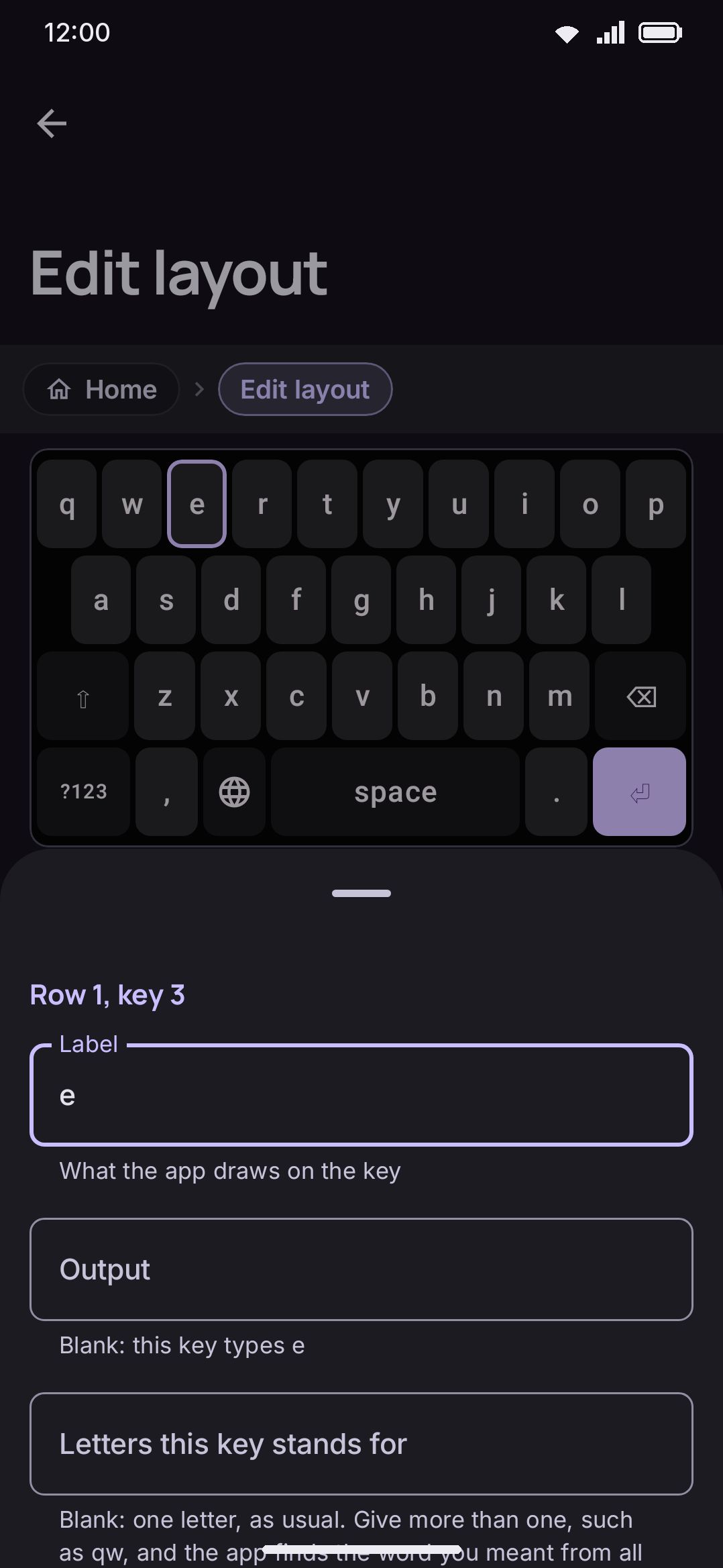The key edit sheet: label, output, action, width, and long-press alternates.