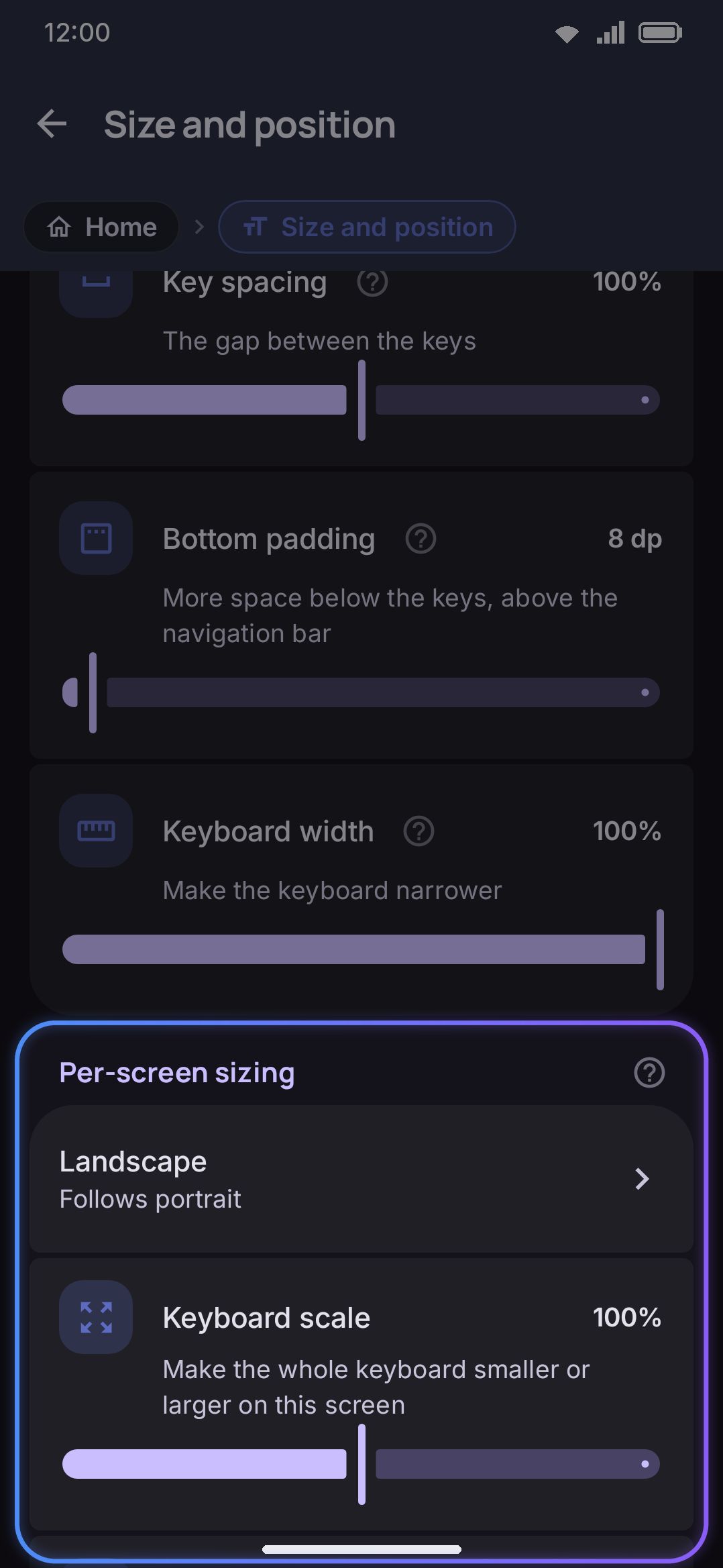 A Per-screen sizing row expanded, with Keyboard scale and the other override sliders.