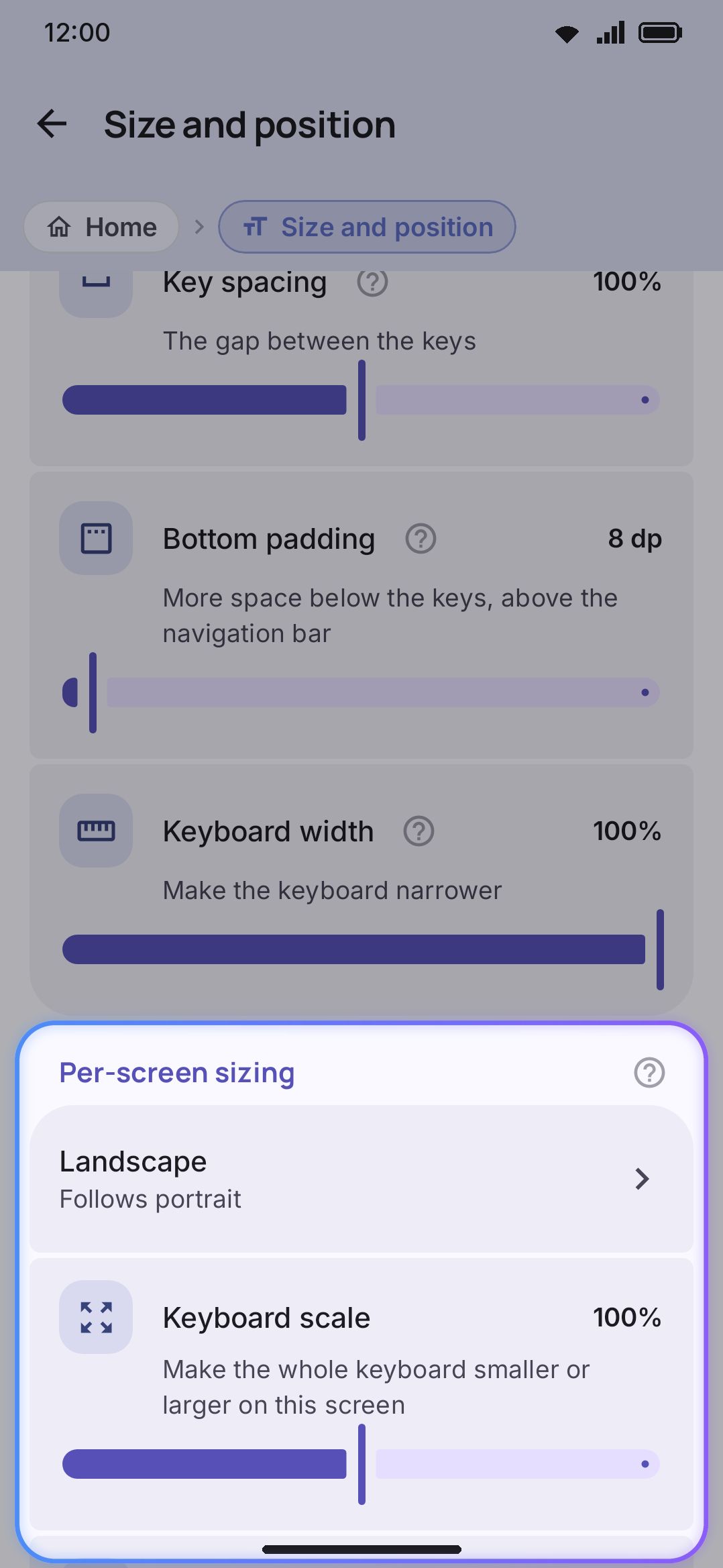 A Per-screen sizing row expanded, with Keyboard scale and the other override sliders.