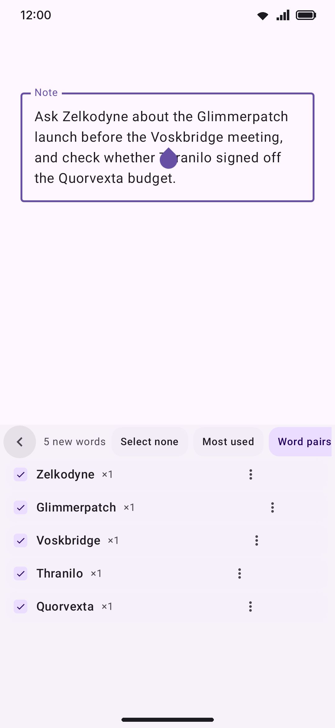Learn from text listing the new words in a note, all checked, with Add 5 in the header.