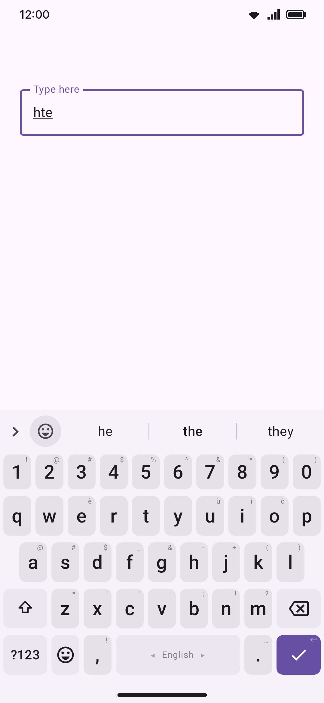 Suggestions default to the top pick in the center slot, the same layout Gboard uses.