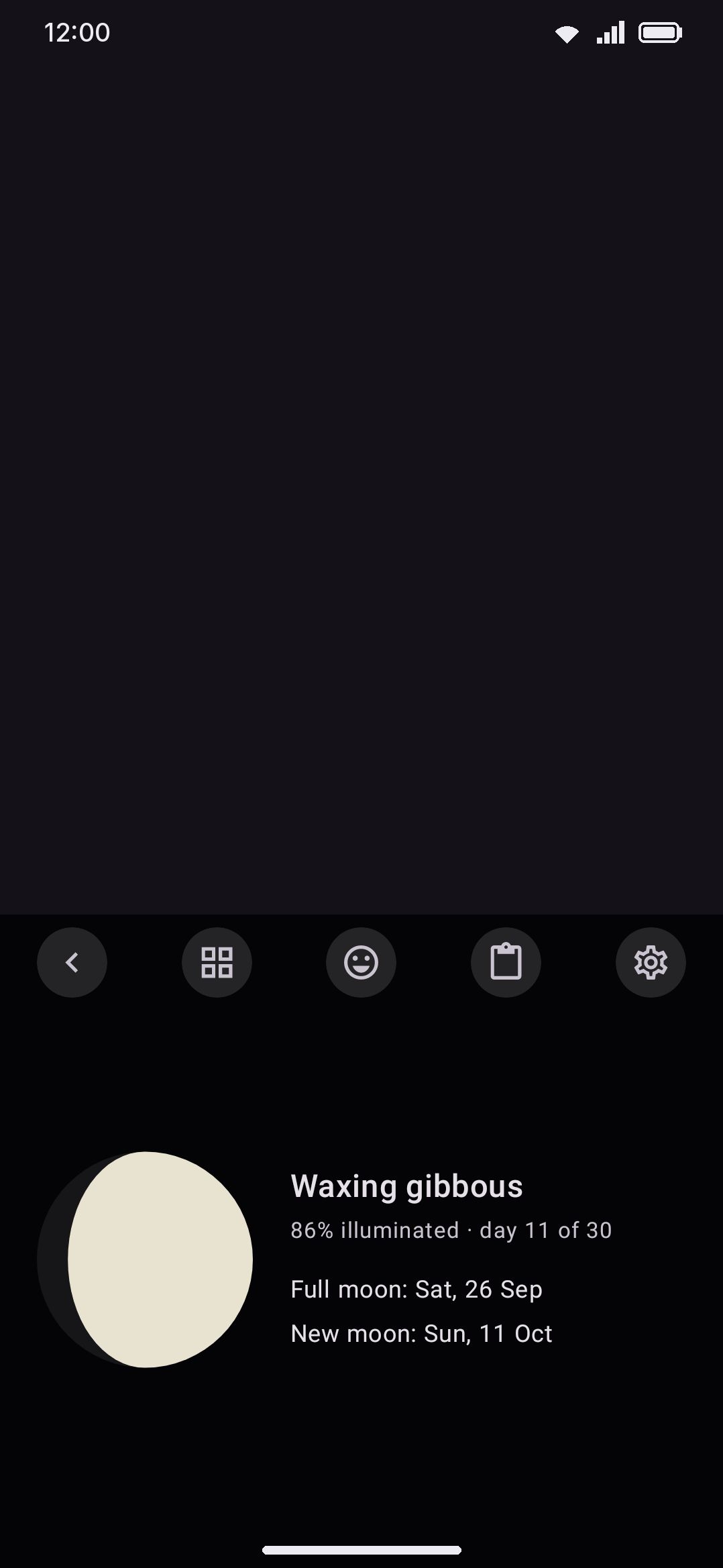 Moon phase: the current lit fraction, phase name, and next full/new moon dates, computed on-device.
