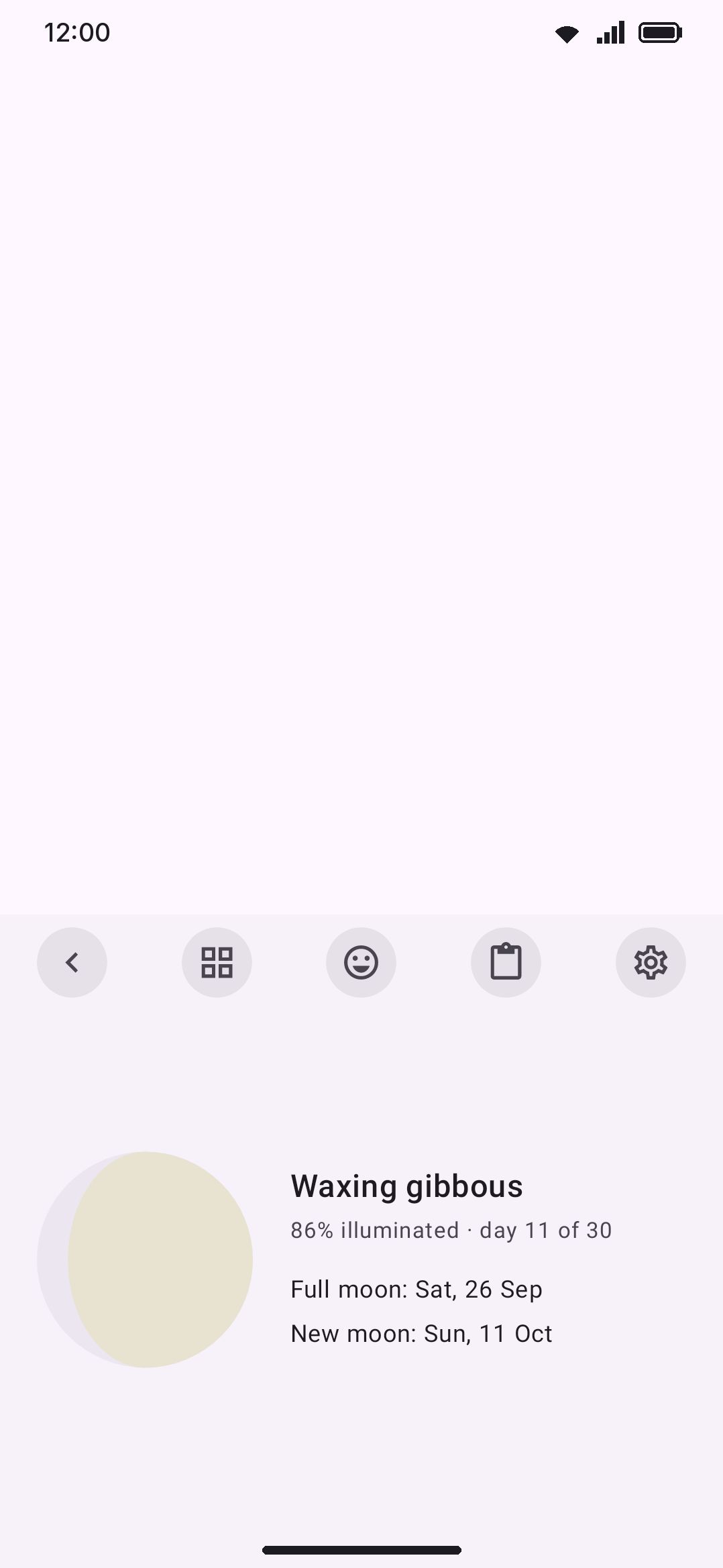 Moon phase: the current lit fraction, phase name, and next full/new moon dates, computed on-device.