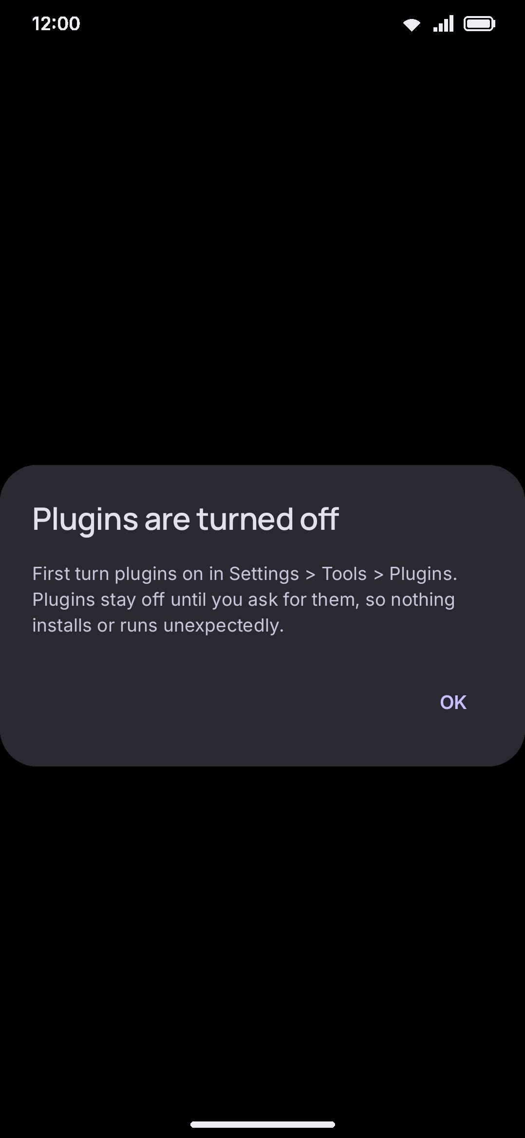 Opening a plugin file while the Plugins subsystem is off: nothing installs or runs.