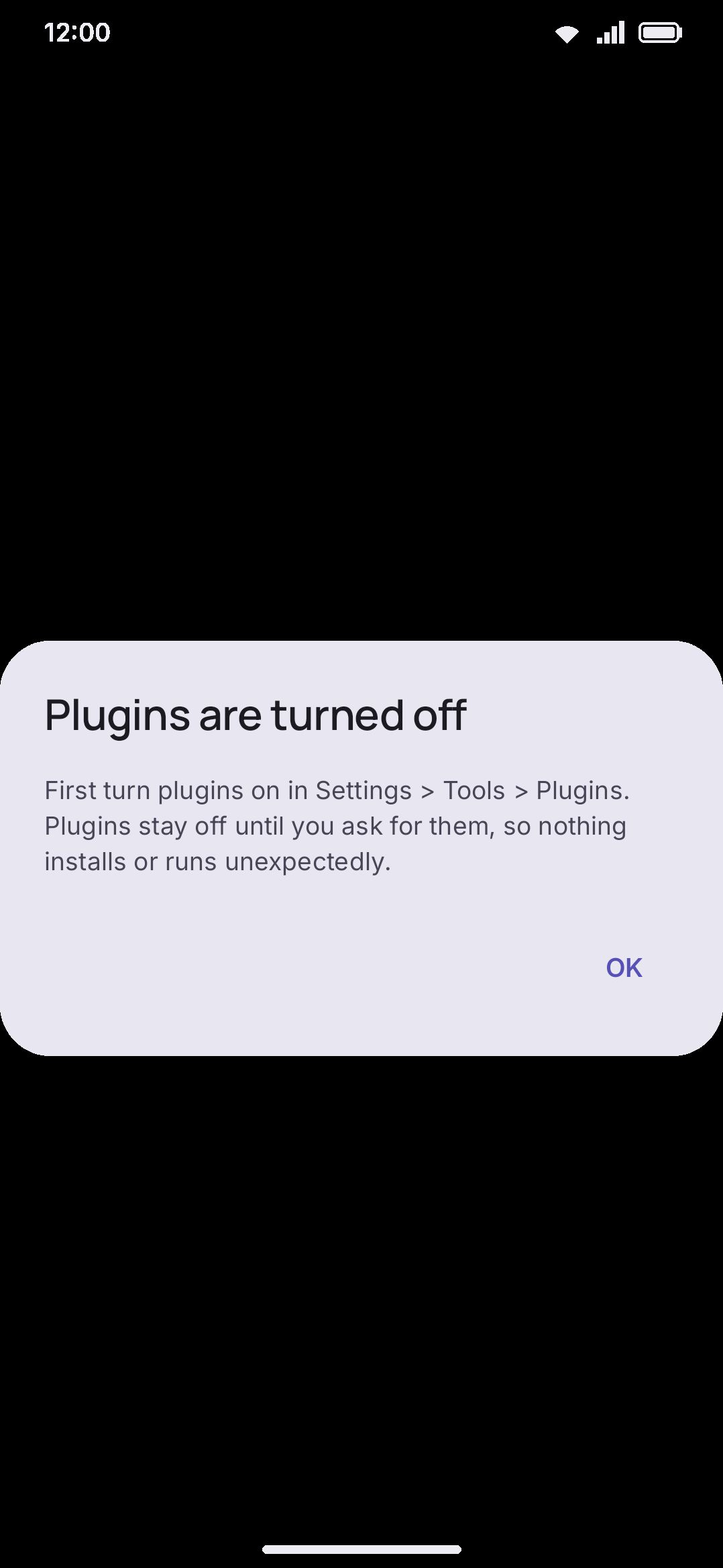 Opening a plugin file while the Plugins subsystem is off: nothing installs or runs.