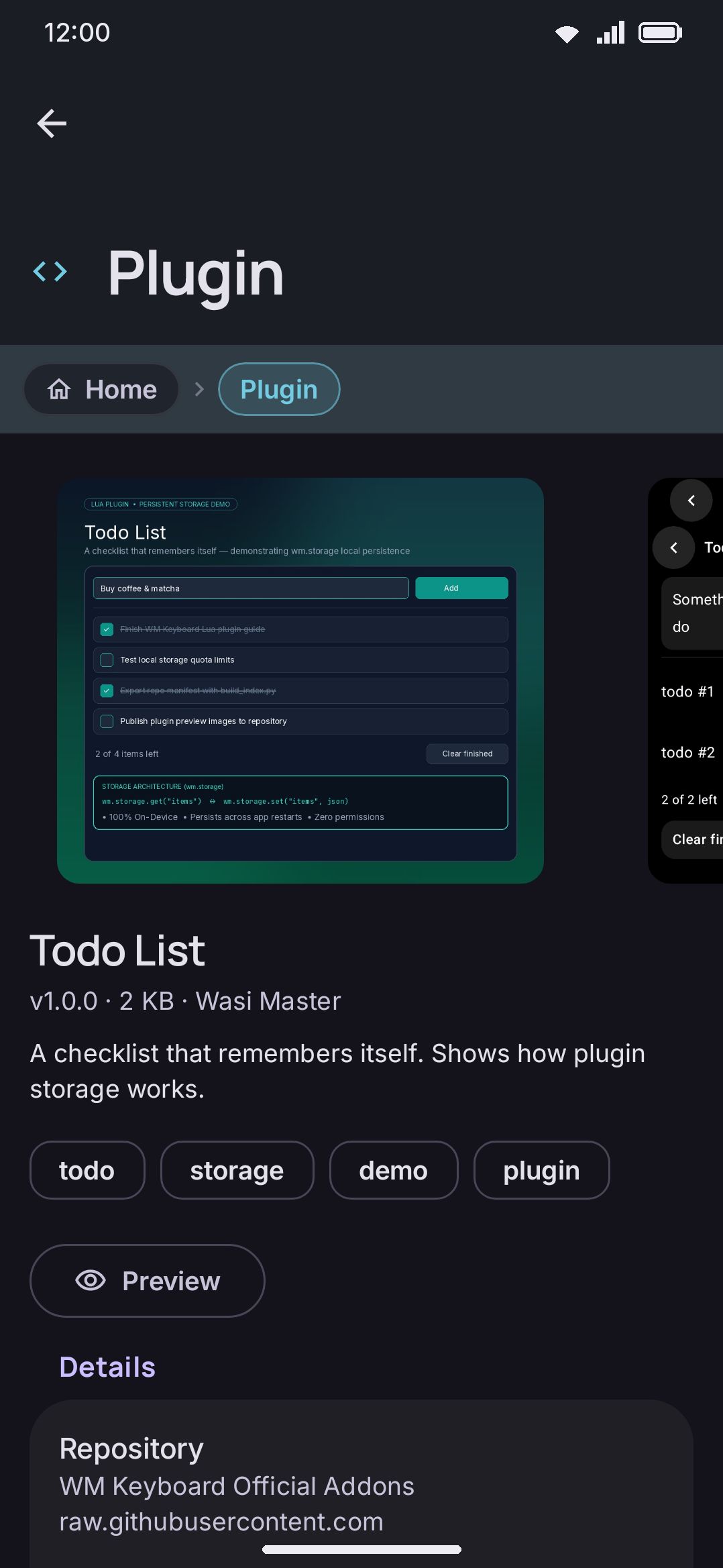 A plugin's detail page shows what it can do before you install it. This is the one addon type that isn't pure data.