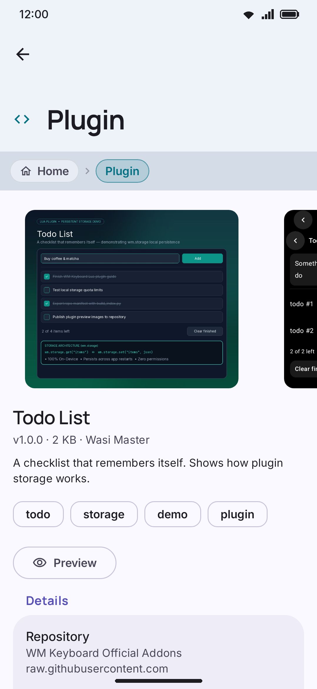 A plugin's detail page shows what it can do before you install it. This is the one addon type that isn't pure data.