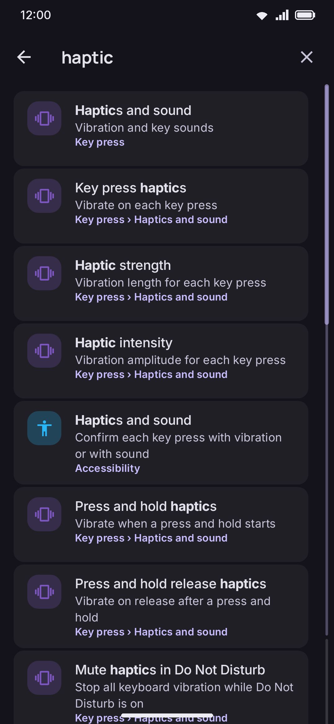Typing a query in Settings search. Each result carries a breadcrumb to the screen it lives on.