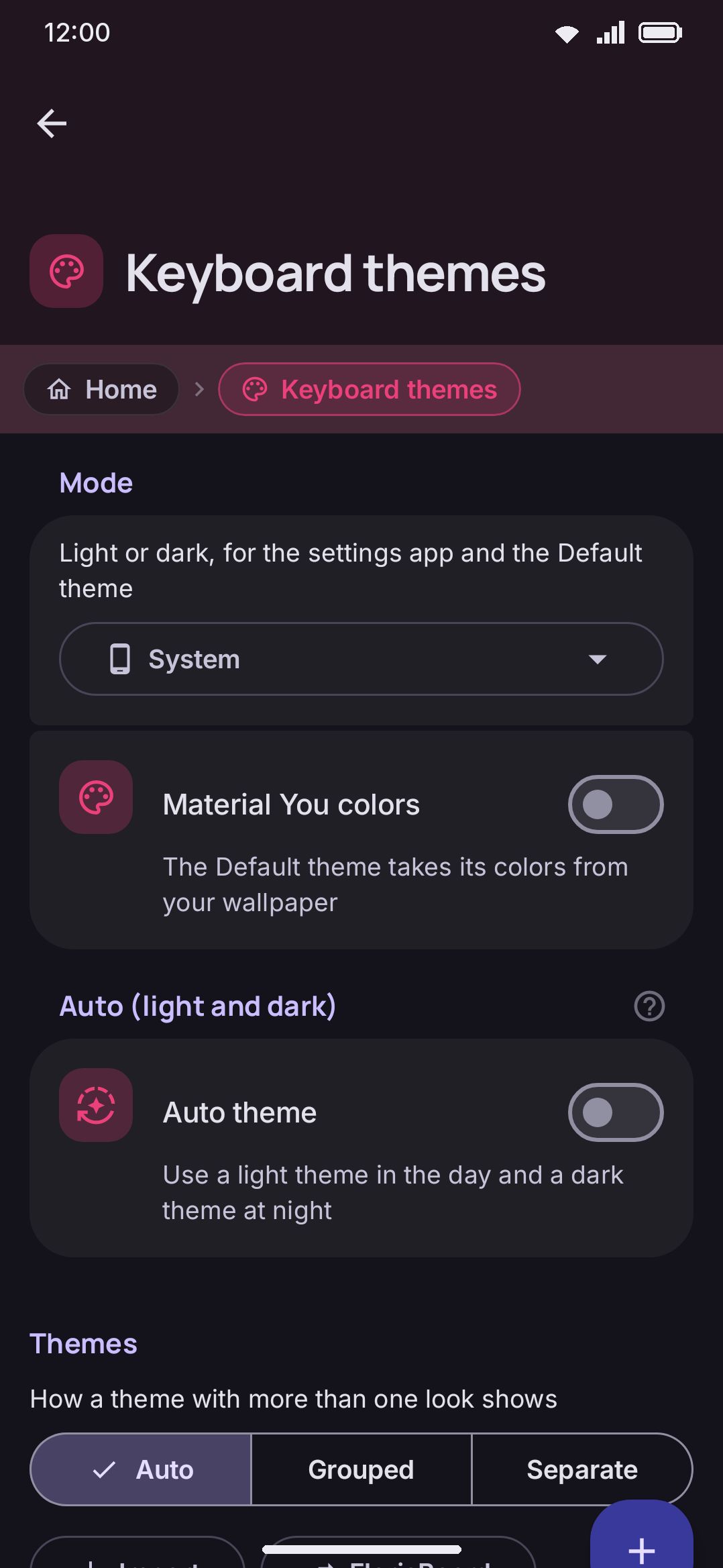 A settings screen reached from a launcher shortcut. This one opened straight to Themes.