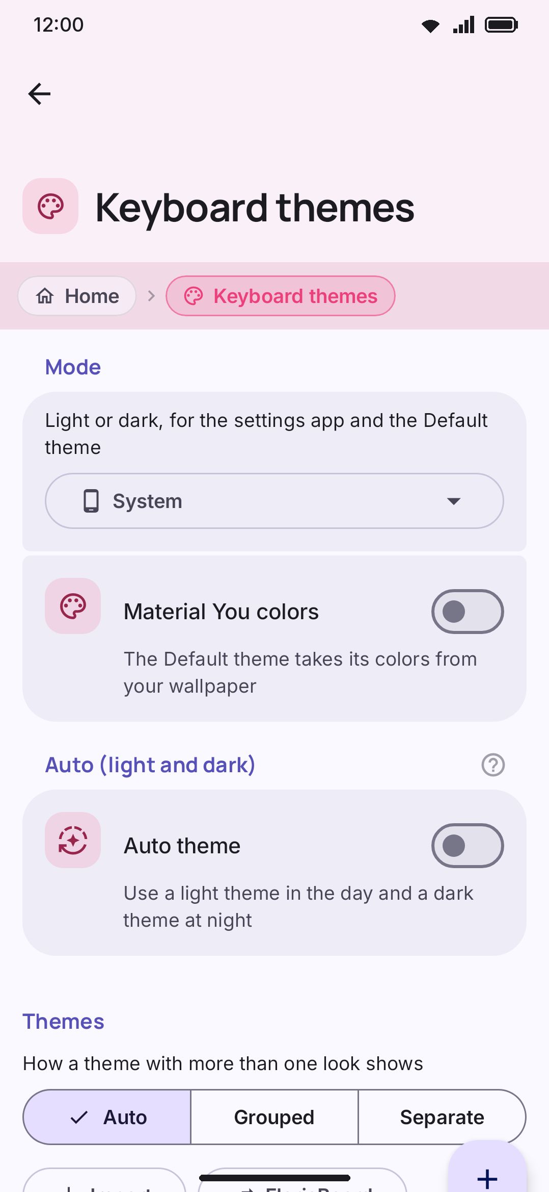 A settings screen reached from a launcher shortcut. This one opened straight to Themes.