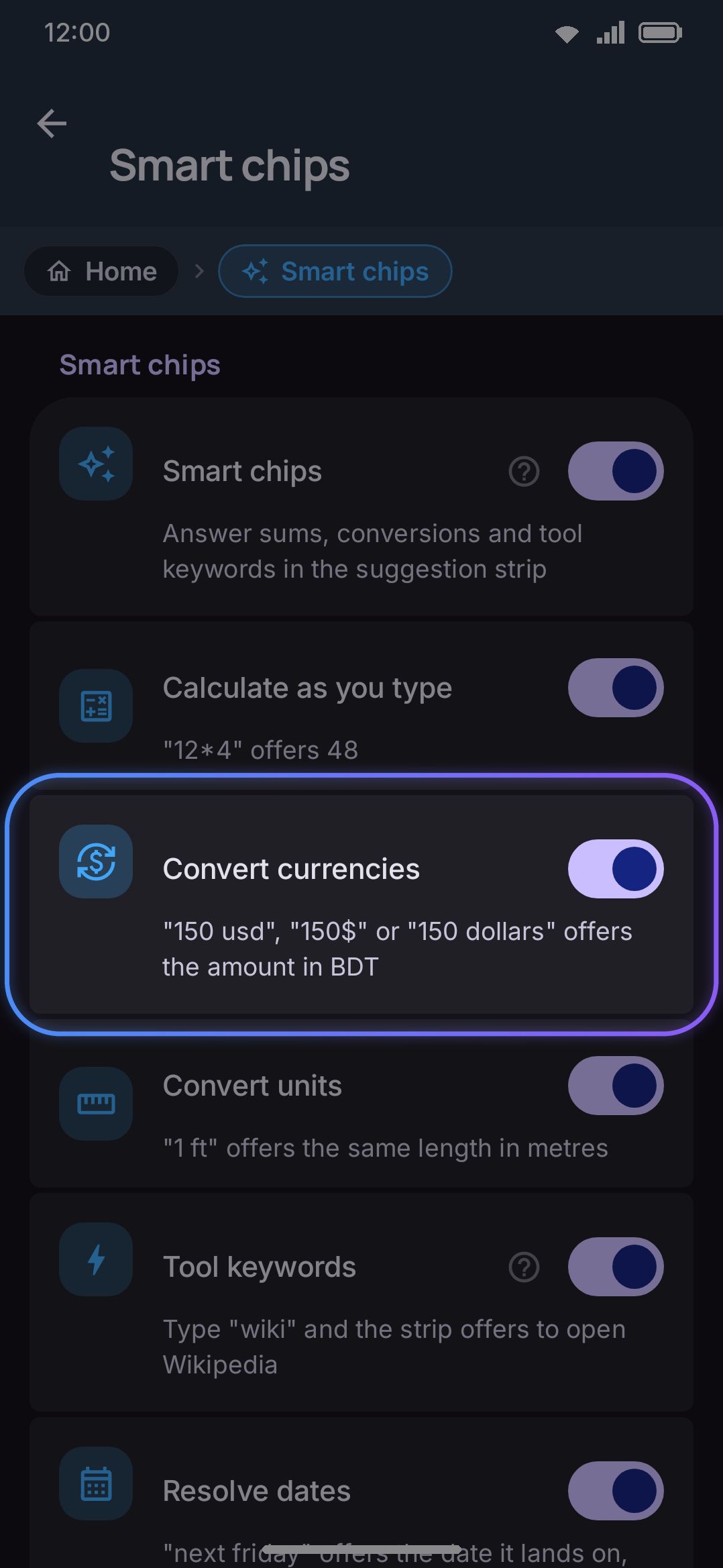 Convert currencies, on by default under Smart chips: the one smart chip that reaches the network.