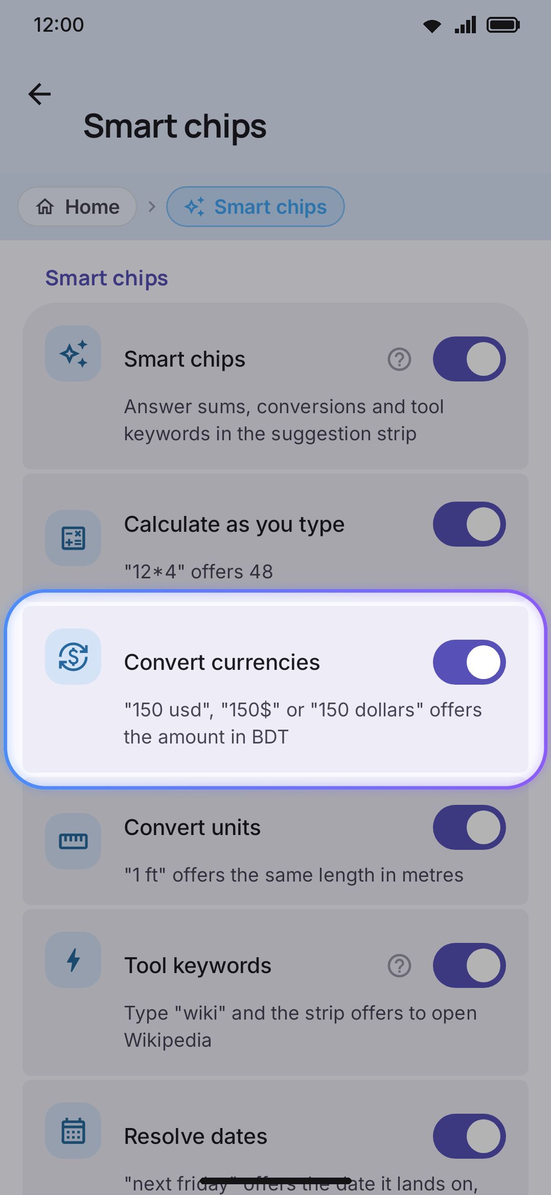 Convert currencies, on by default under Smart chips: the one smart chip that reaches the network.