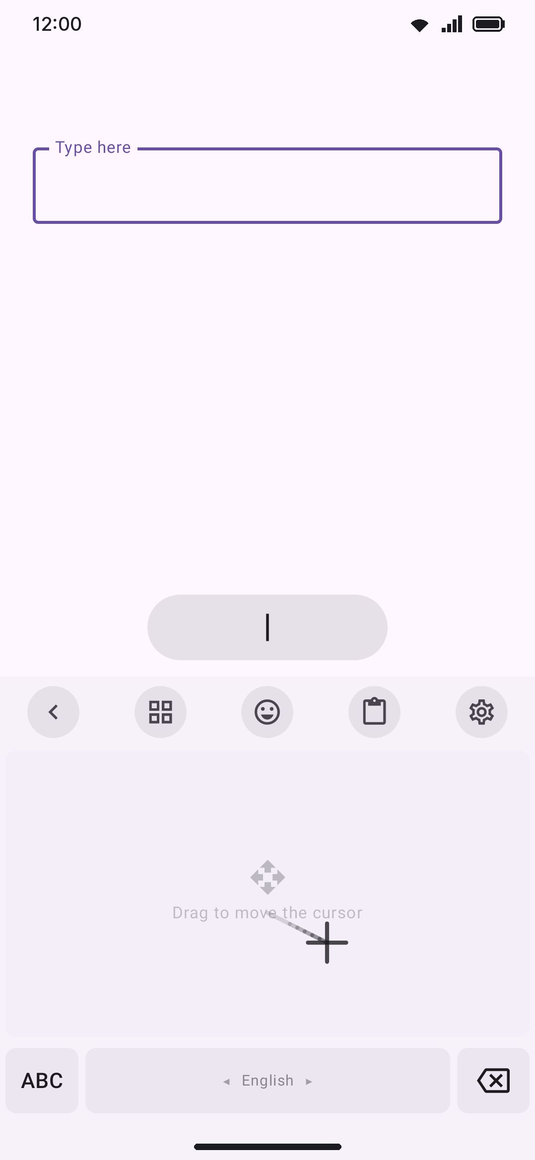 The trackpad panel: the pointing surface over an abc / space / backspace row. The trail and crosshair follow your finger.