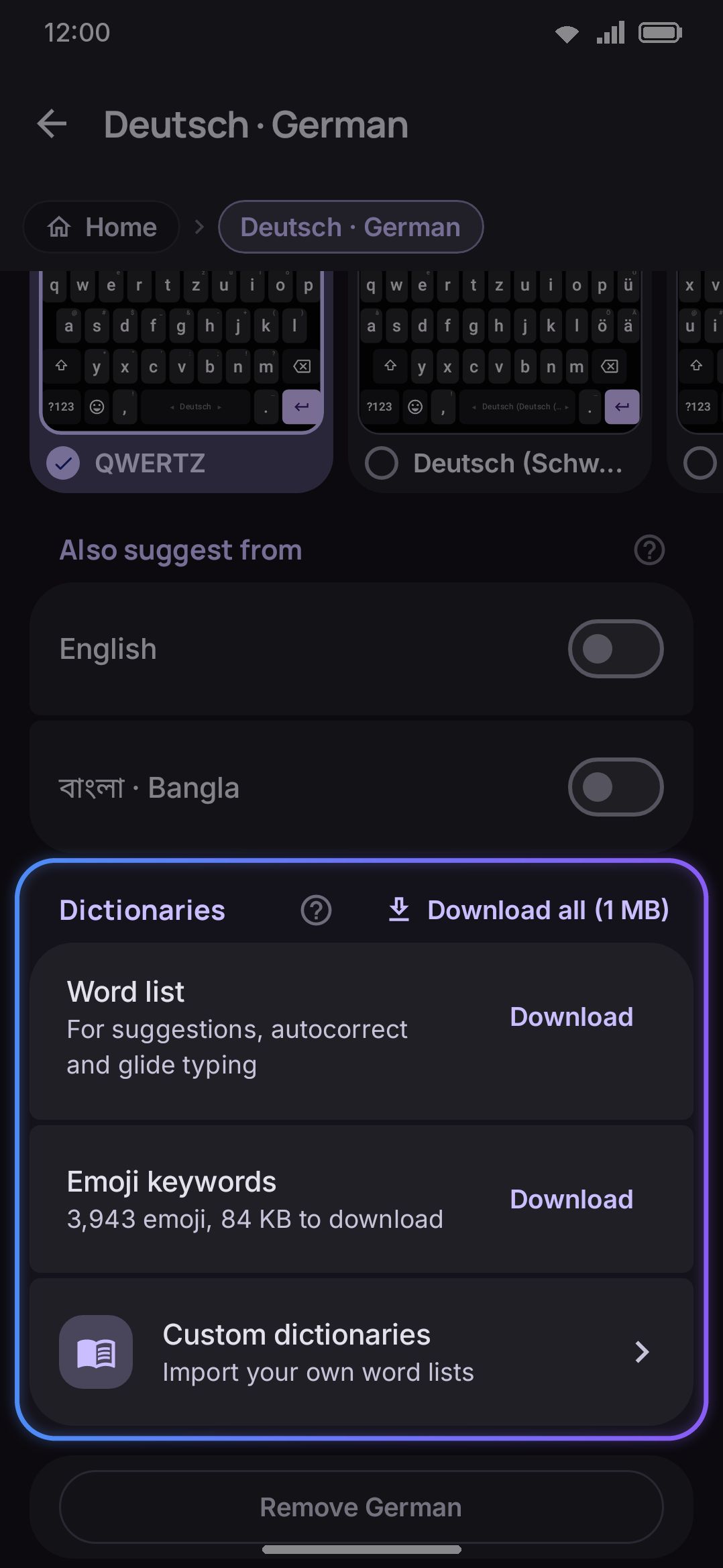 A language with no built-in or downloaded dictionary yet. Suggestions come only from what you've typed.
