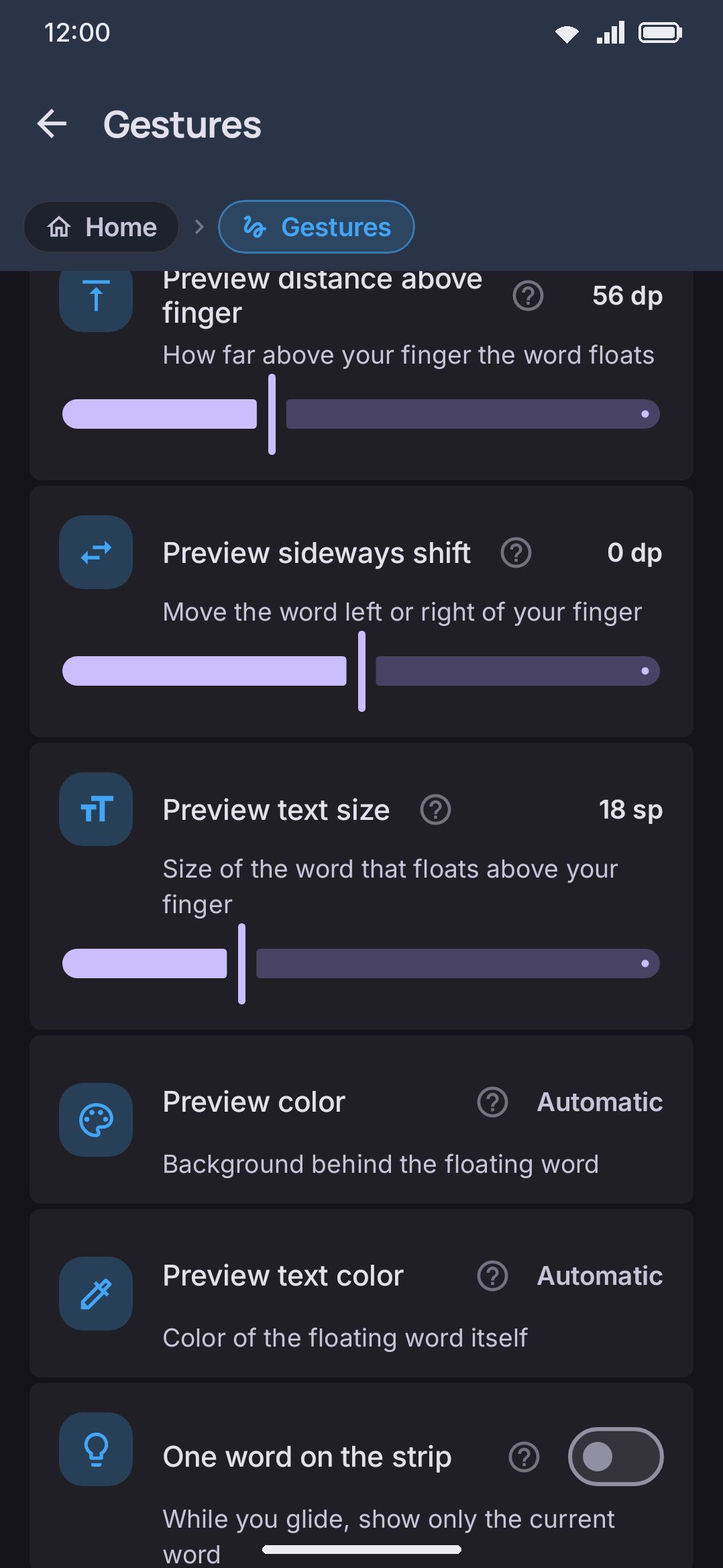 The Gestures group on the Typing settings screen, home to most of the spacebar and backspace gestures below.