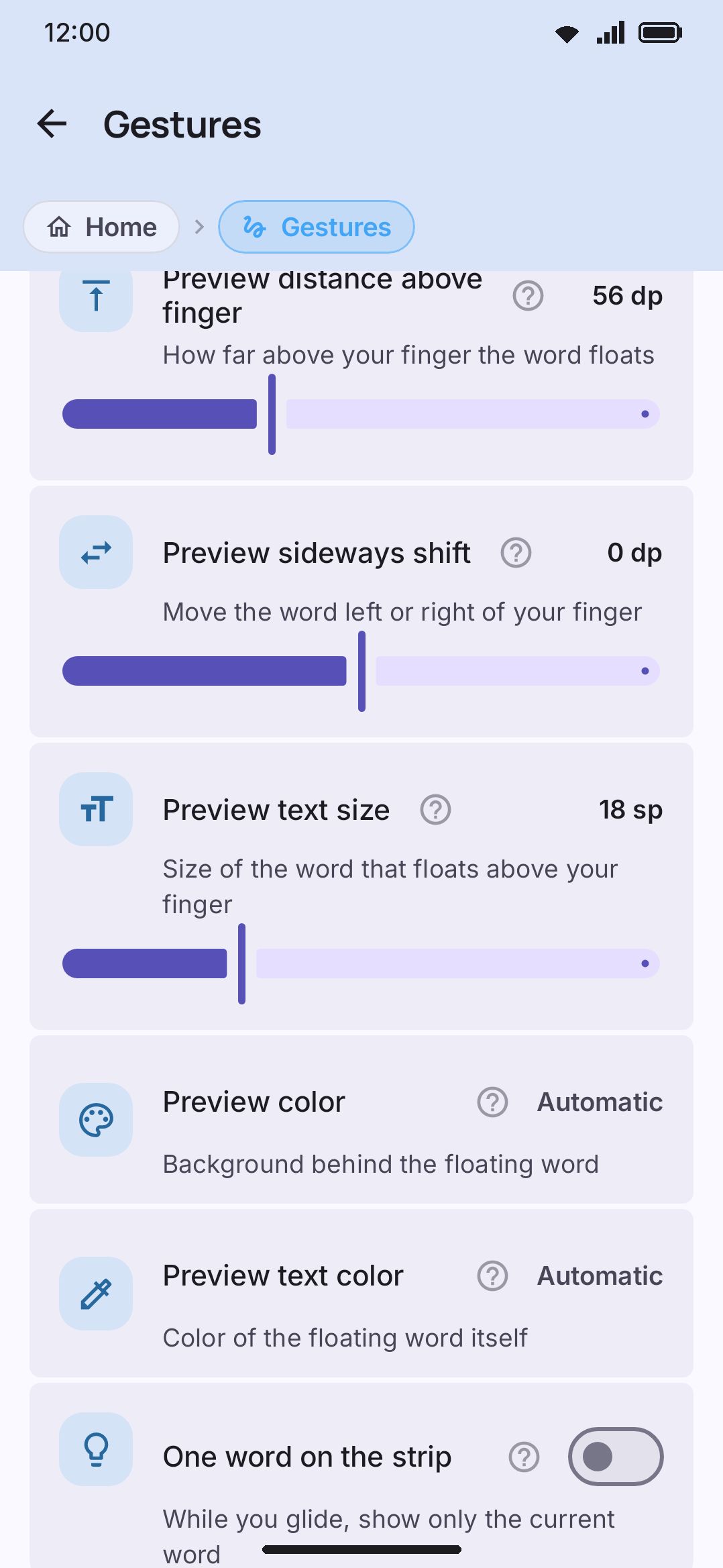 The Gestures group on the Typing settings screen, home to most of the spacebar and backspace gestures below.