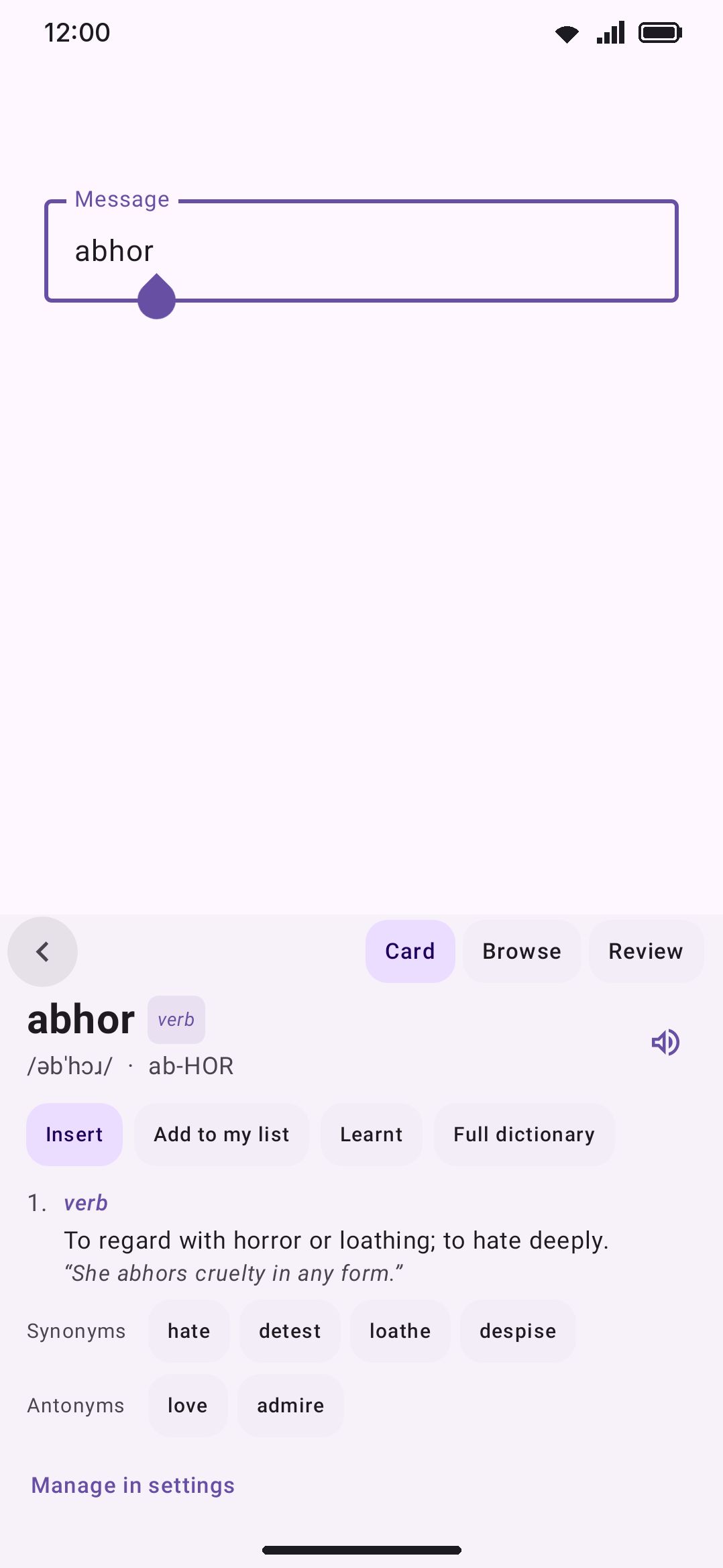 The card for abhor: pronunciation, senses, synonyms and antonyms, the word family, and where the word came from.