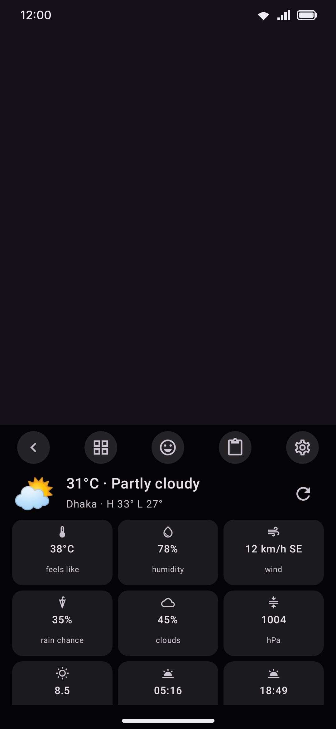 Weather: current conditions plus a stat grid: feels-like, humidity, wind, and whatever else Open-Meteo returns for that location.