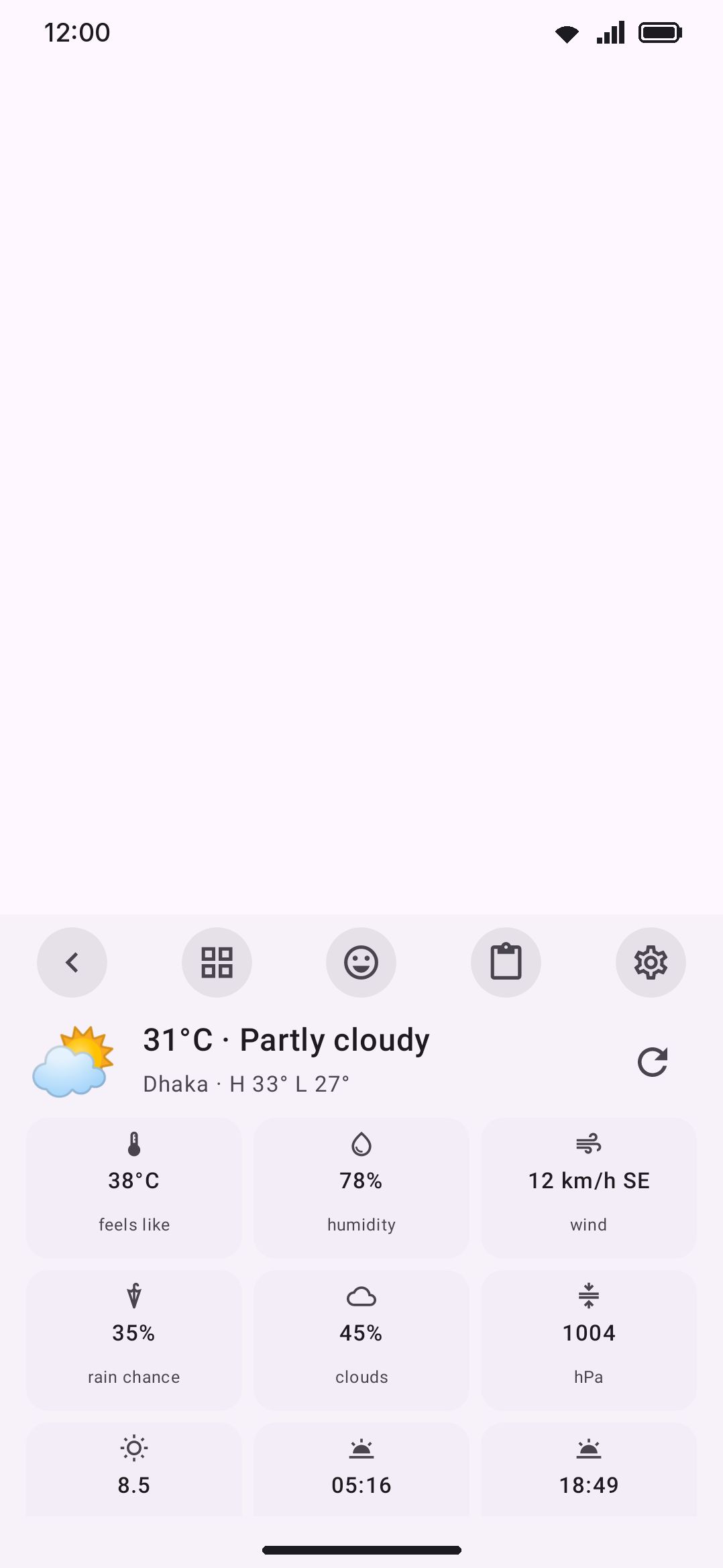 Weather: current conditions plus a stat grid: feels-like, humidity, wind, and whatever else Open-Meteo returns for that location.