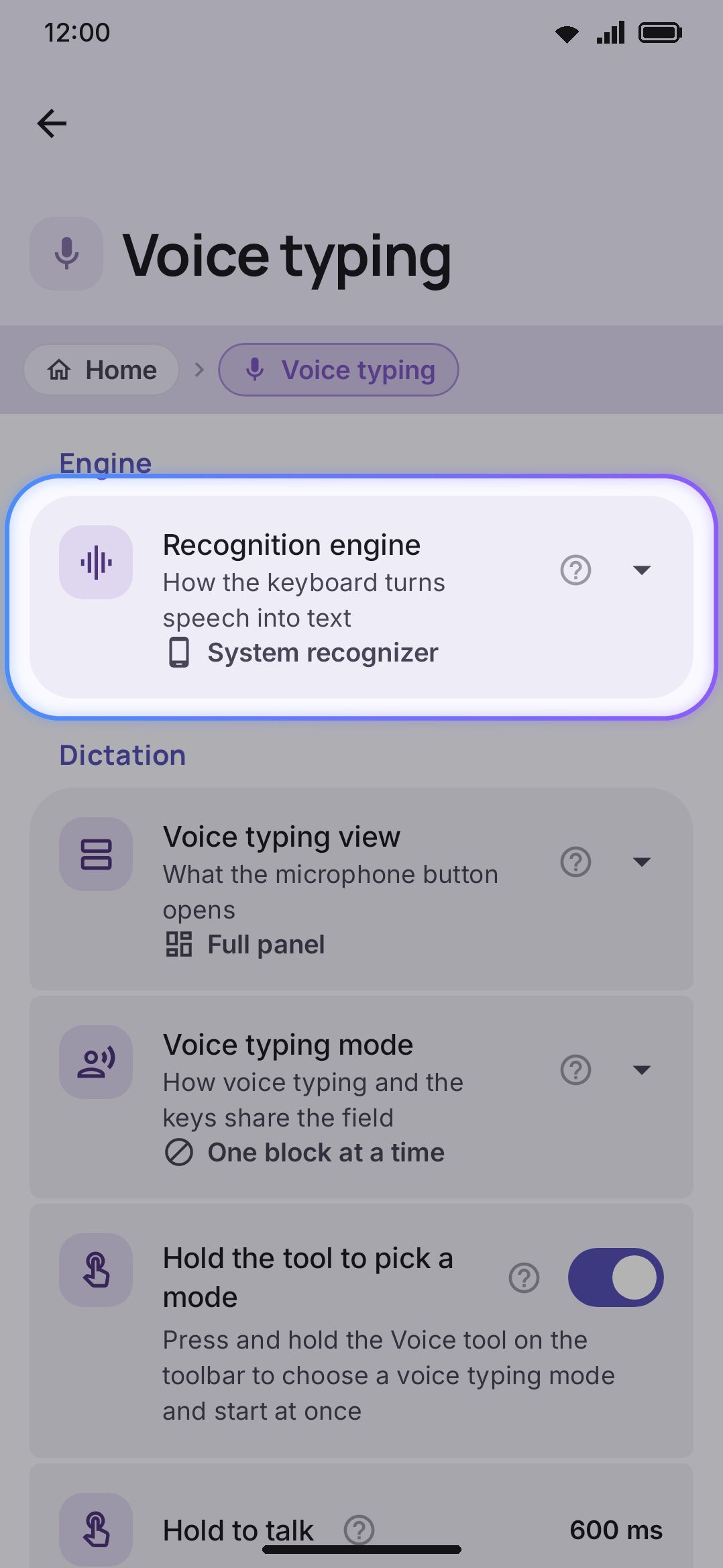 Recognition engine choice on the Voice typing screen.