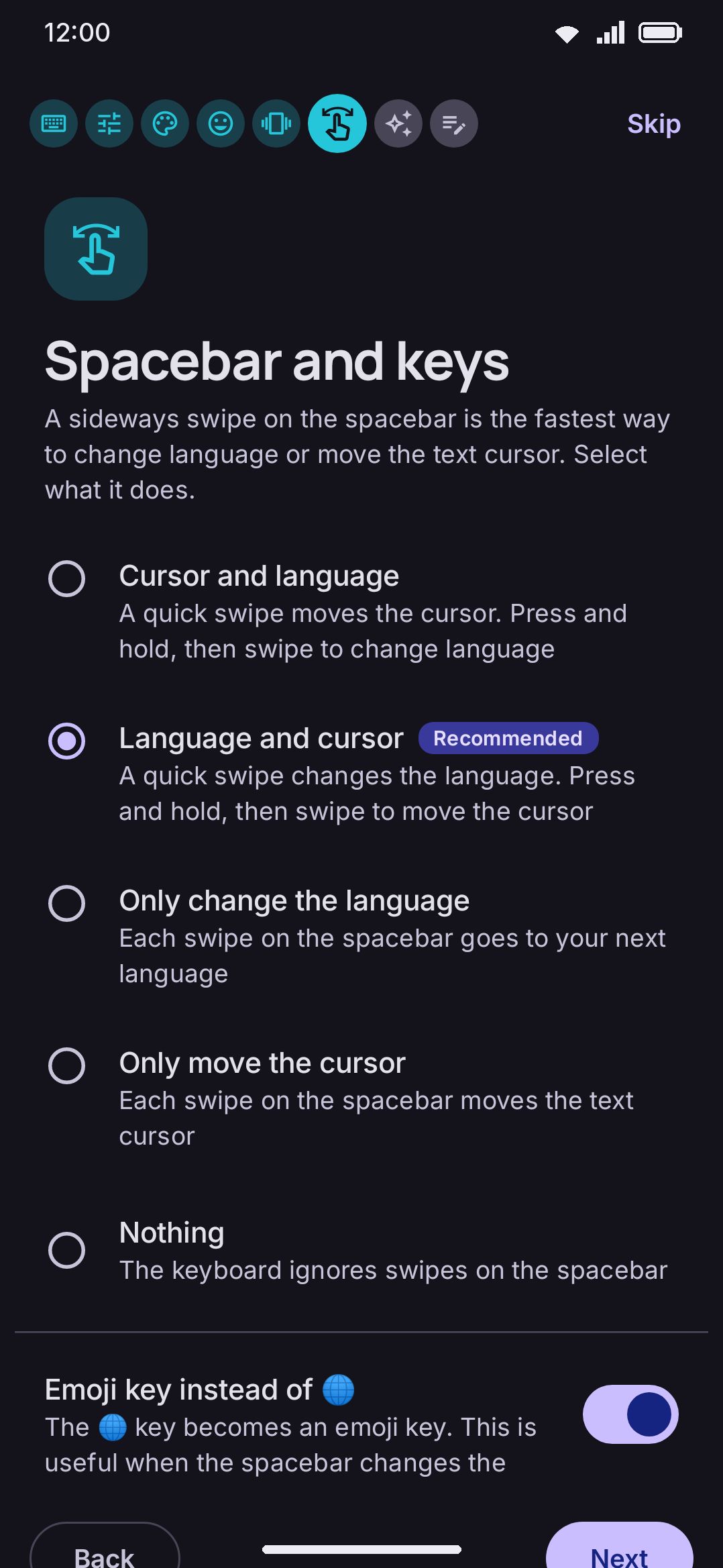 The Spacebar & keys page, where one choice sets both swipe directions at once.