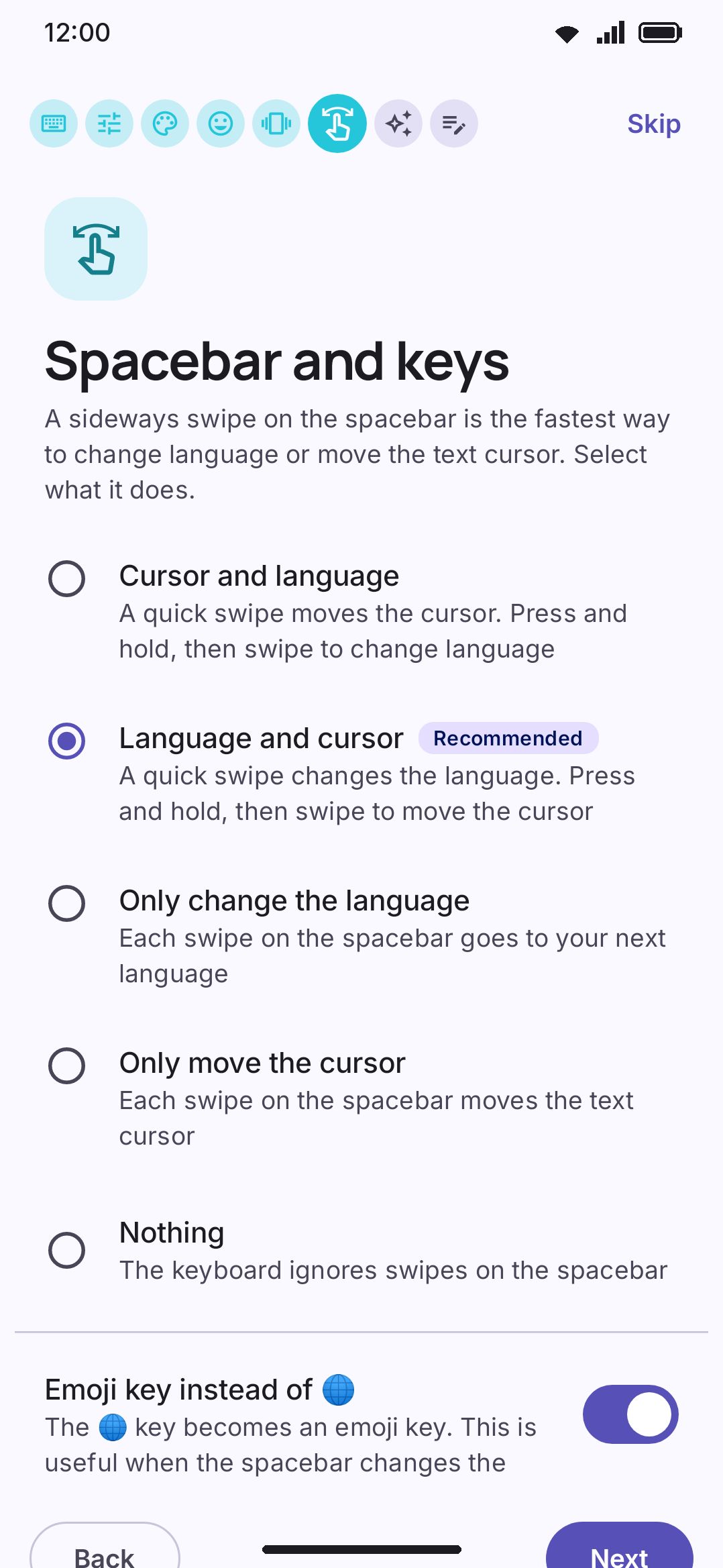 The Spacebar & keys page, where one choice sets both swipe directions at once.